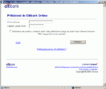 podvržený e-mail citibank - přihlašovací údaje