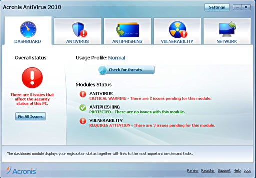 acronis antivirus 2010 - hlavní okno