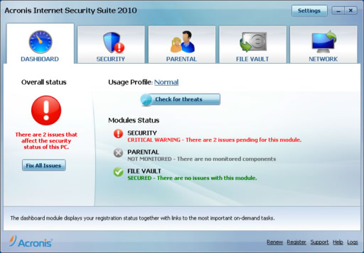 acronis internet security 2010 - hlavní okno