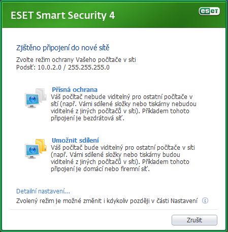 ESS zjistila novou s&iacute;ť a pt&aacute; se, jak nastavit režim ochrany...