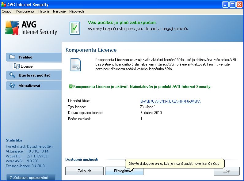AVG - komponenta licence