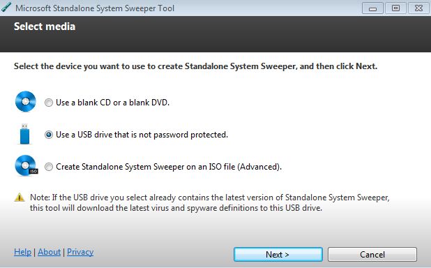 MS System Sweeper - vyber media