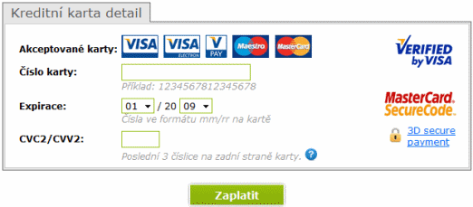 Ukázková stránka platebního portálu GP webpay, zadávaní informací o platební kartě