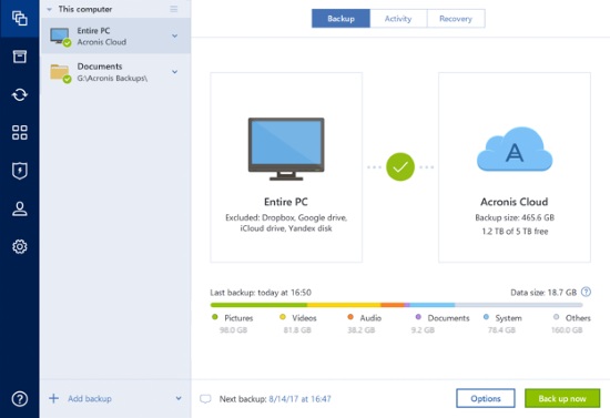 Náhled obrazovky Acronis True Image 2018 pro PC