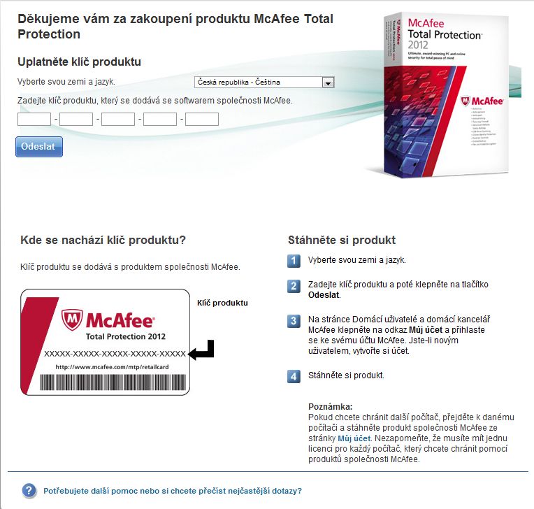 McAfee registracni stranka produktu