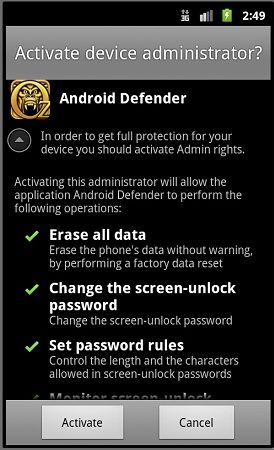 Android Defender - varovná obrazovka