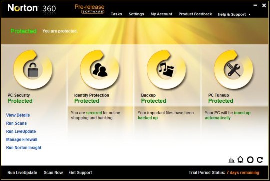 NORTON 360 verze 4 BETA - hlavní okno programu 