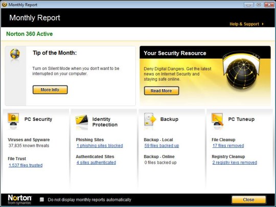 NORTON 360 verze 4 BETA - obrazovka měsíčního přehledu