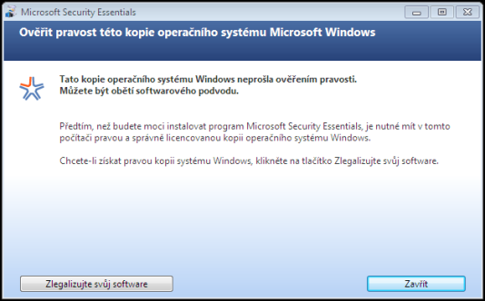 Security Essentials a neoriginální Windows