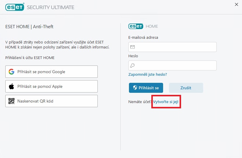 Přihlášení k účtu Eset Home