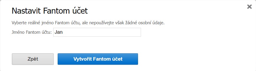 Zadání názvu Fantom účet