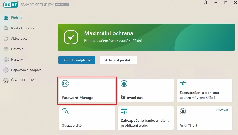 ESET - Hlavní okno aplikace