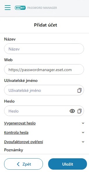 ESET Password Manager - Přidat účet