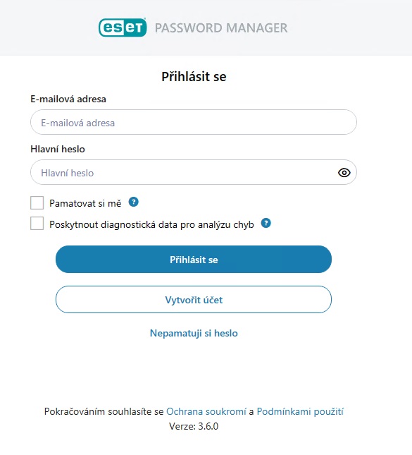 Přihlášení do ESET Password Manager