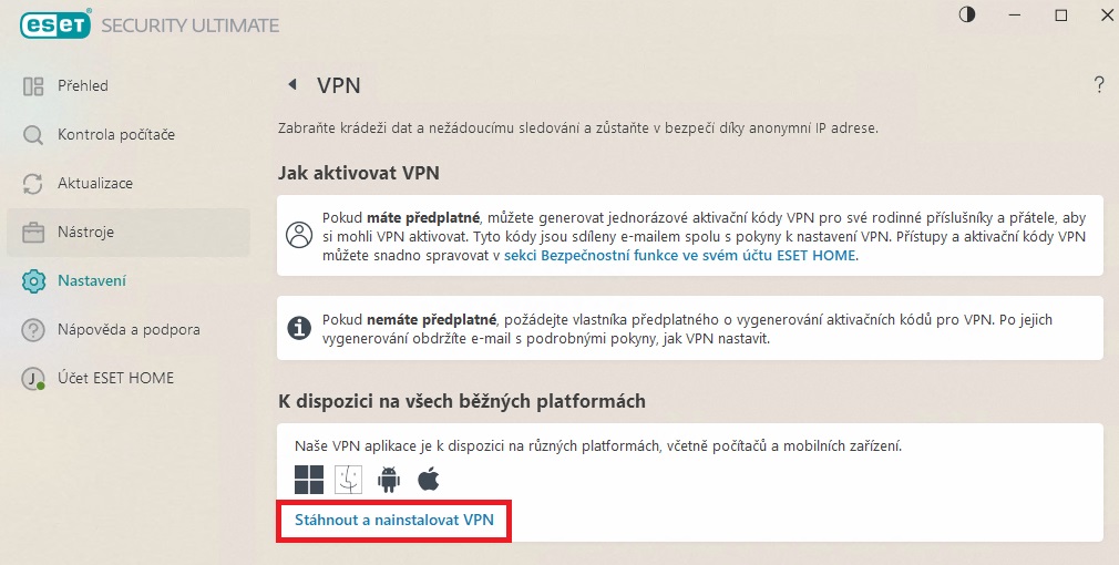Eset - Stáhnout a nainstalovat VPN