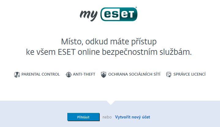 Hlavní stránka účtu Eset