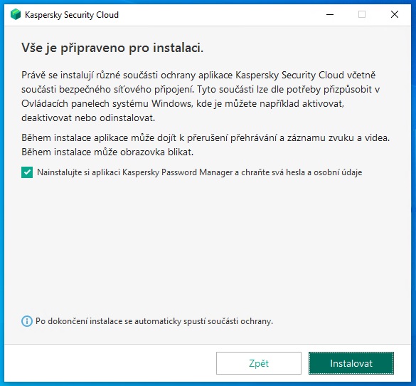 Kaspersky Security Cloud - pokračování instalace