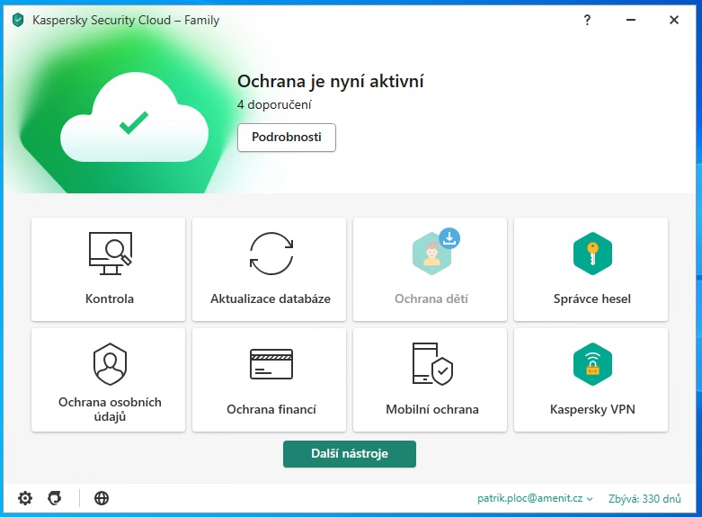 Kaspersky Security Cloud - hlavní okno aplikace