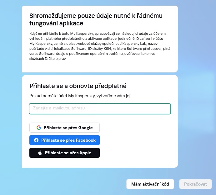 Průvodce instalací - příhlášení k účtu My Kaspersky