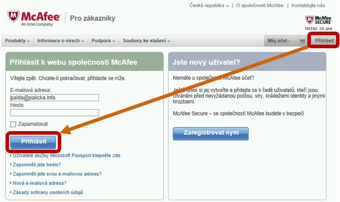 McAfee - přihlášení do účtu