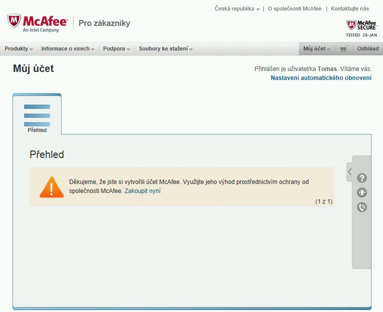 McAfee - první přihlášení do účtu