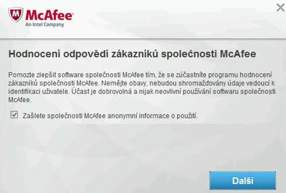 McAfee instalaxe - souhlas se zasíláním informací
