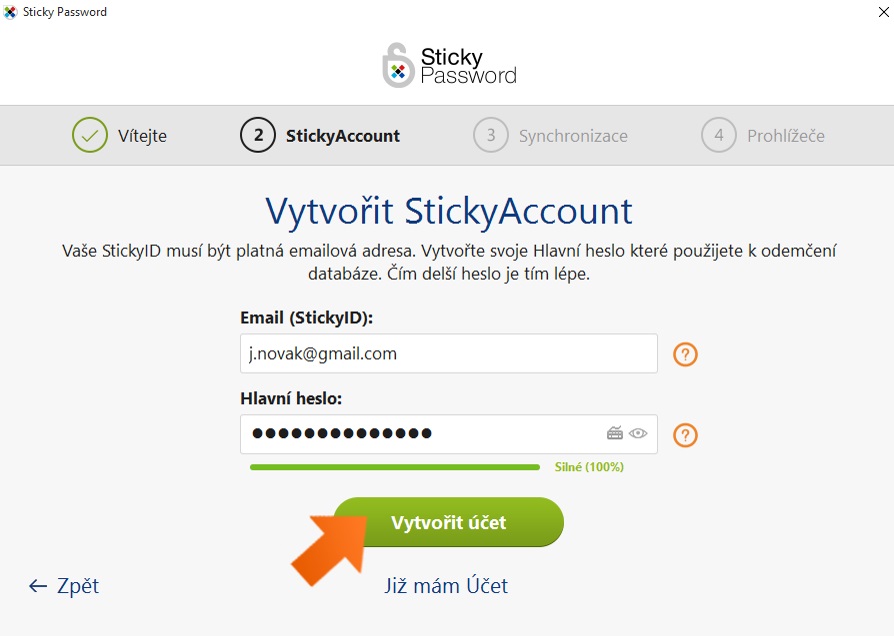 Sticky Password - vtvoření účtu